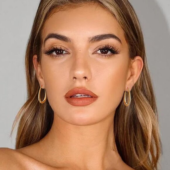 Gold Chunky Hoop Earrings for Women, 14K Gold Plated Oval Hoop Earrings with 925 - Picture 4 of 8